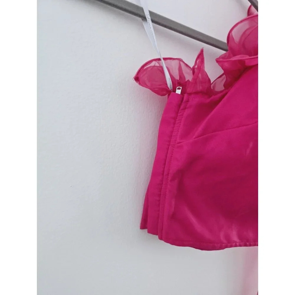 Lovers + Friends Bernice Hot Pink Ruffle Sheer One Shoulder Blouse Crop Top XXS - Picture 7 of 10